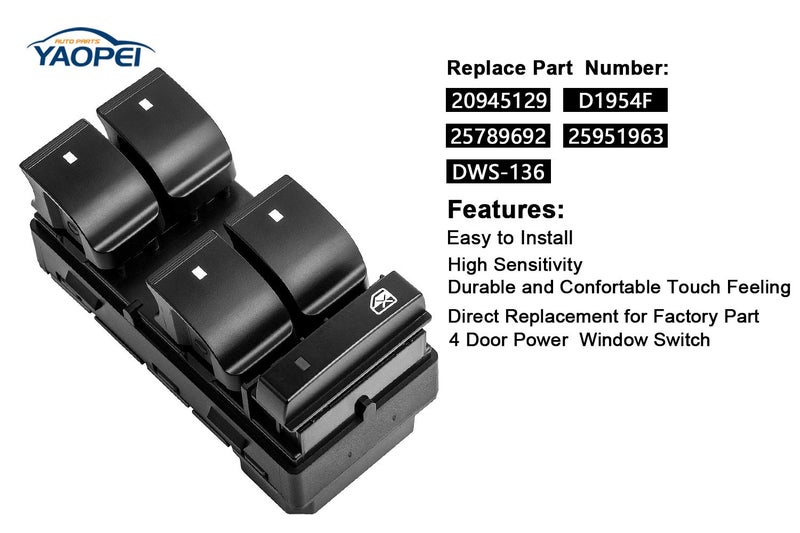 YAOPEI Master Power Window Switch Driver Side Compatible with 2007-2014 Chevrolet Silverado/GMC Sierra Traverse HHR, 2009-2014 Buick Enclave, Replaces 20945129 25789692 - Image 2
